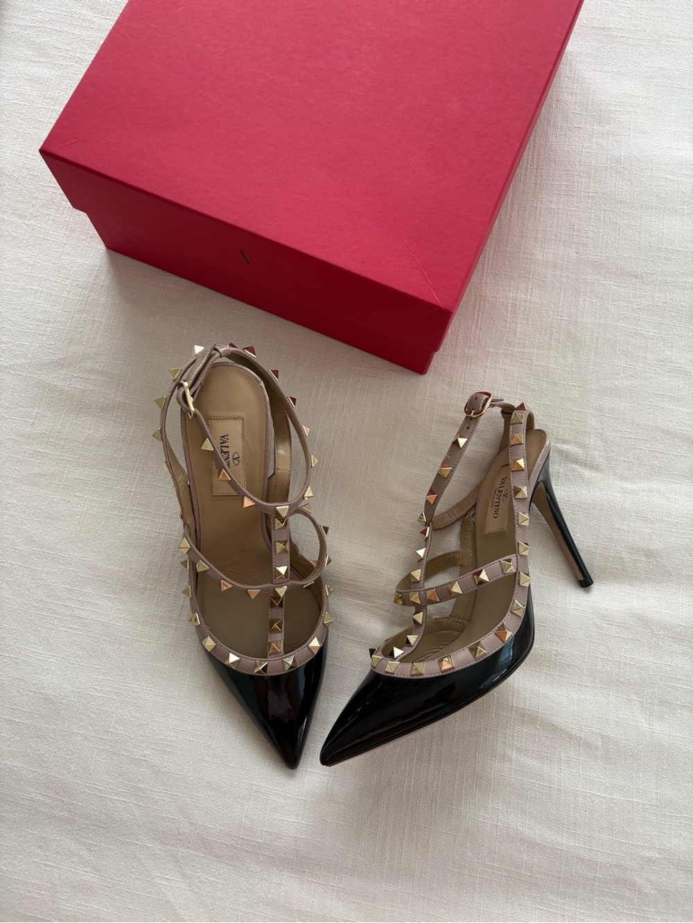 Valentino Black Patent Pointed Toe Rockstud Slingbacks with Beige Straps